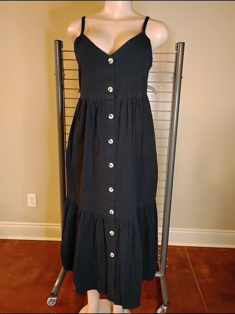 Petal & Pup Black Button-Front Spaghetti Strap Midi Dress
